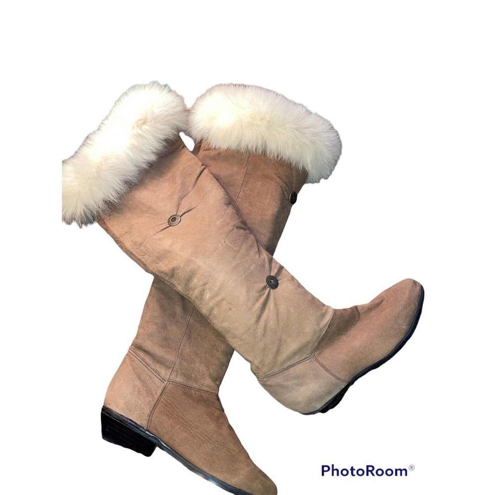 Clicks Tan Suede Leather Woman's Boots Removable Faux Fur 7B